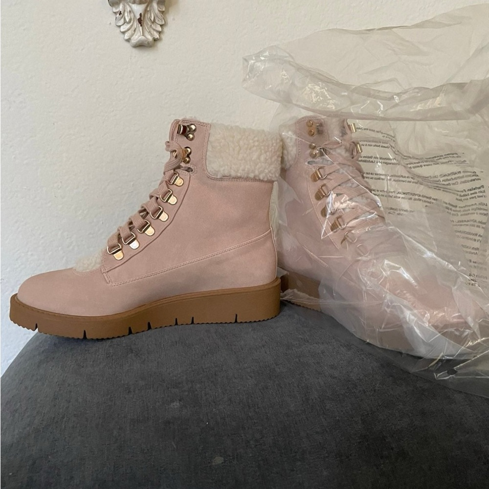 Women's Cerelia Lace Up Flat Boot Pink Shearling Lace-Up Boots - Picture 8 of 8
